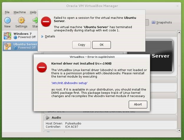 Ошибка Kernel driver not installed в VirtualBox